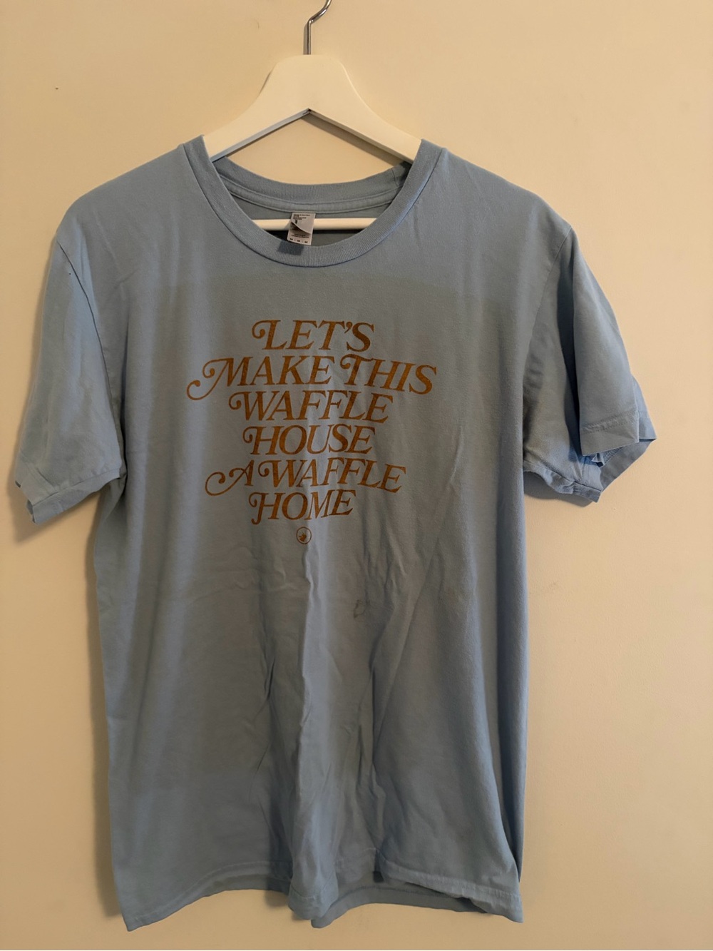 Light Blue Graphic Waffle House Tee with Brown Script - Unbranded